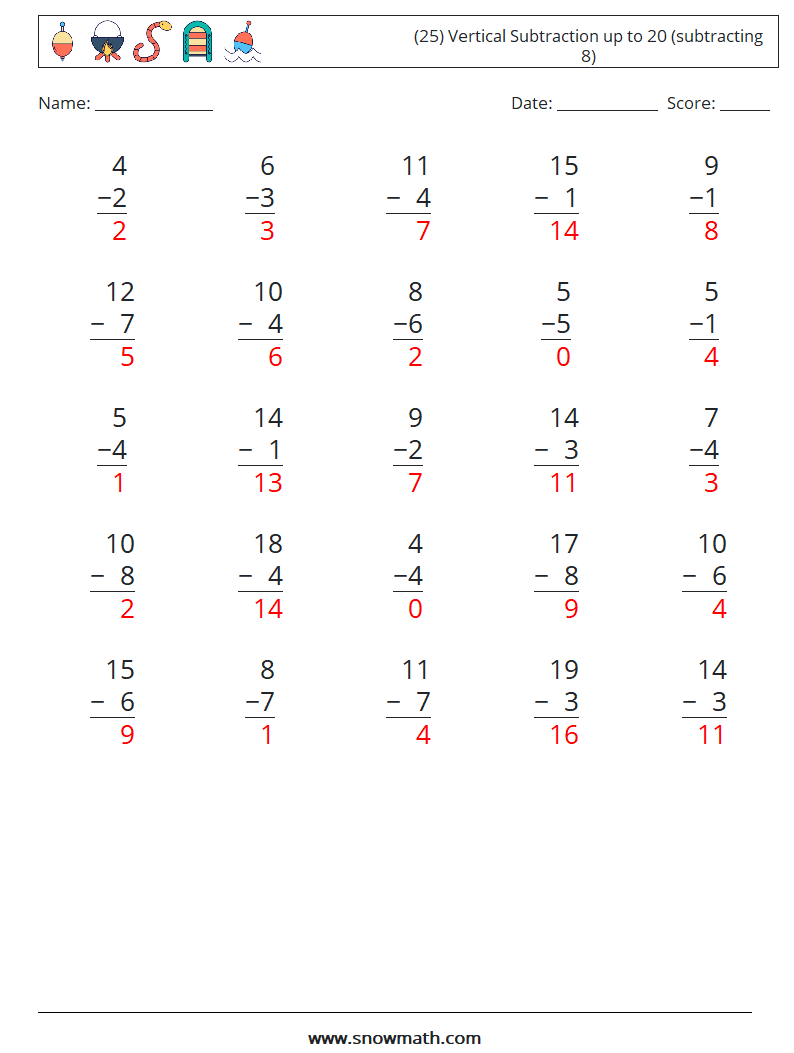 (25) Vertical Subtraction up to 20 (subtracting 8) Math Worksheets 17 Question, Answer