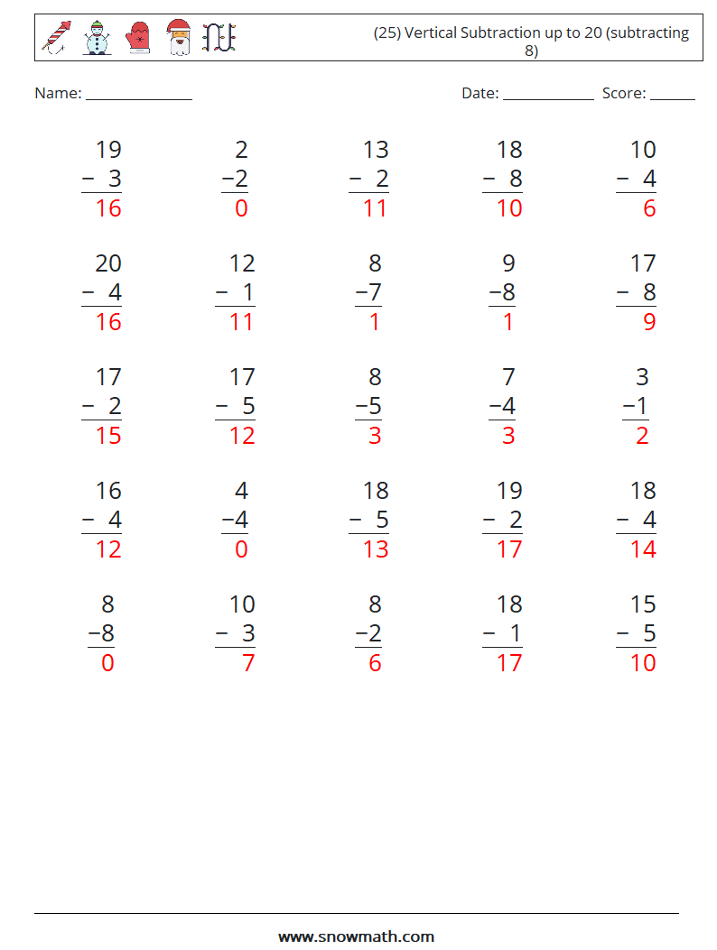 (25) Vertical Subtraction up to 20 (subtracting 8) Math Worksheets 18 Question, Answer
