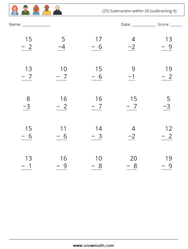 (25) Subtraction within 20 (subtracting 9) Math Worksheets 2