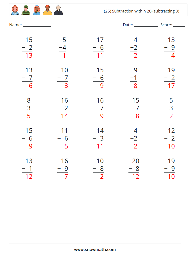 (25) Subtraction within 20 (subtracting 9) Math Worksheets 2 Question, Answer