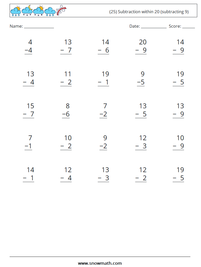 (25) Subtraction within 20 (subtracting 9) Maths Worksheets 8