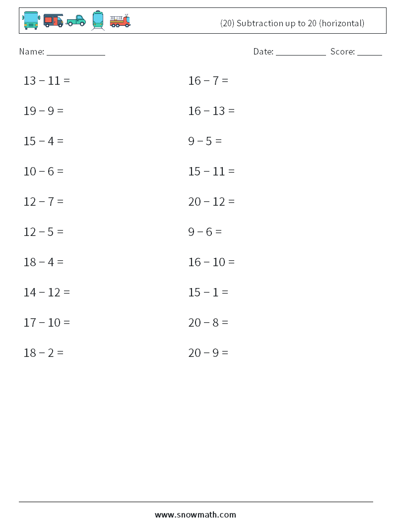 (20) Subtraction up to 20 (horizontal) Maths Worksheets 5