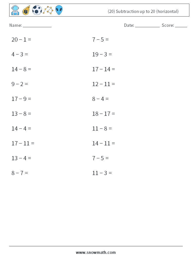 (20) Subtraction up to 20 (horizontal) Math Worksheets 7