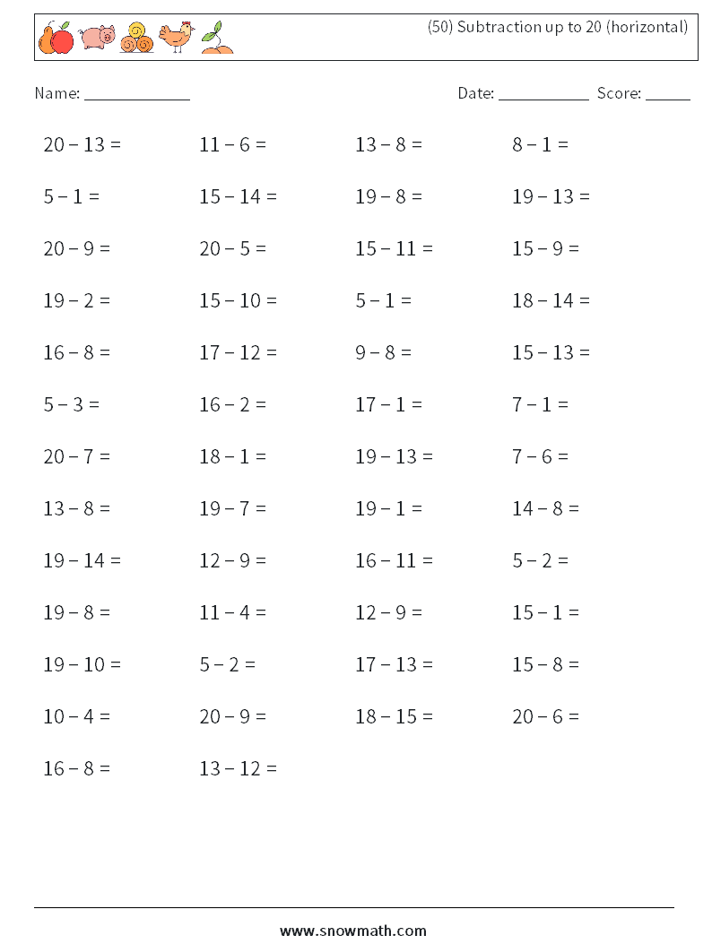 (50) Subtraction up to 20 (horizontal) Math Worksheets 8