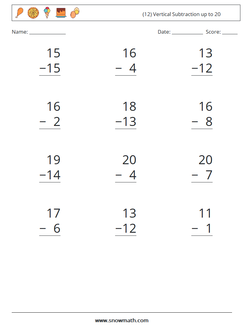 (12) Vertical Subtraction up to 20 Math Worksheets 10