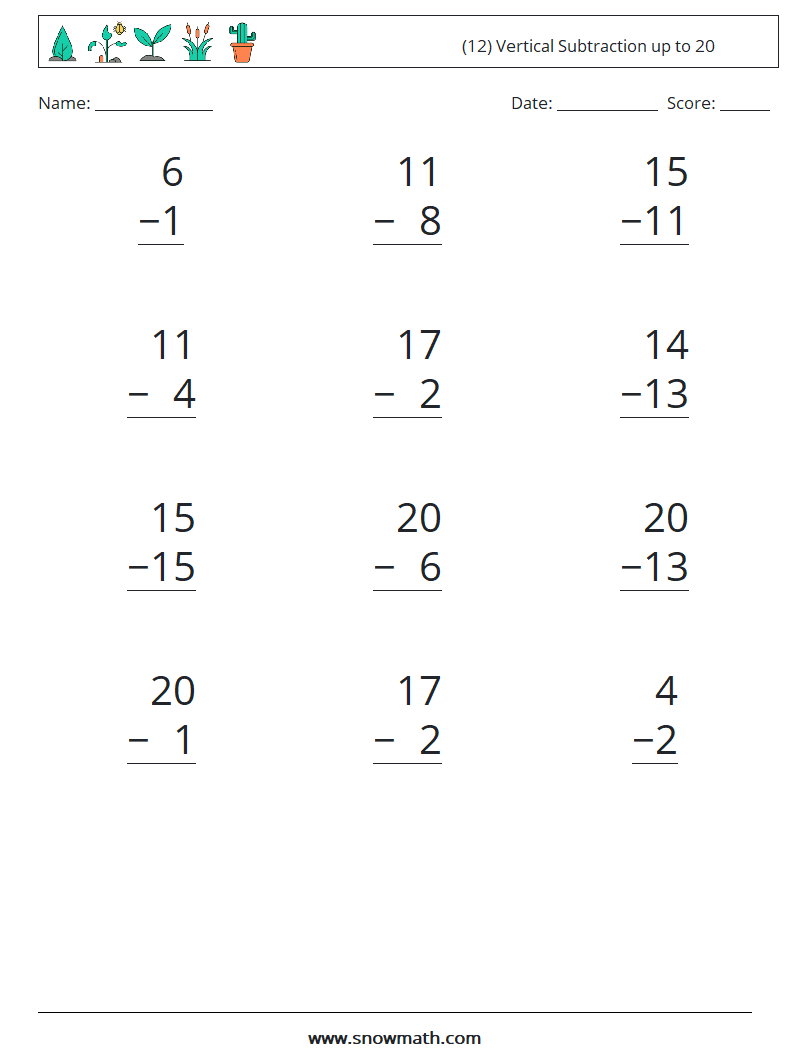 (12) Vertical Subtraction up to 20 Math Worksheets 11