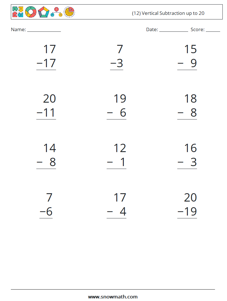 (12) Vertical Subtraction up to 20 Math Worksheets 12