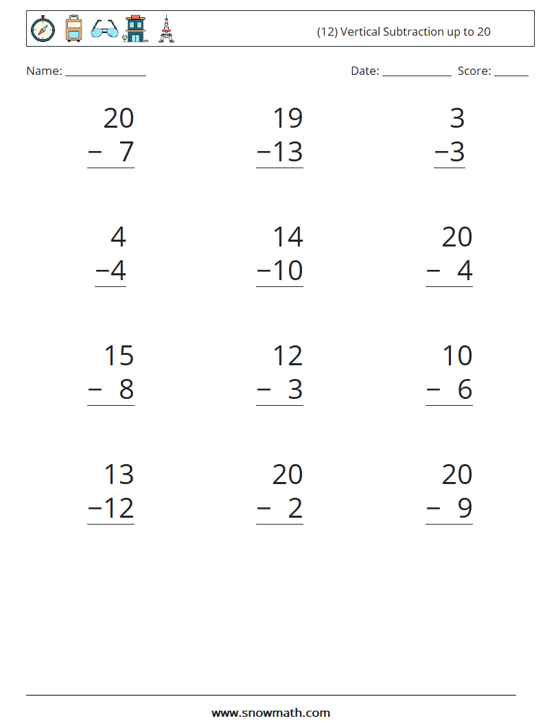 (12) Vertical Subtraction up to 20 Math Worksheets 13