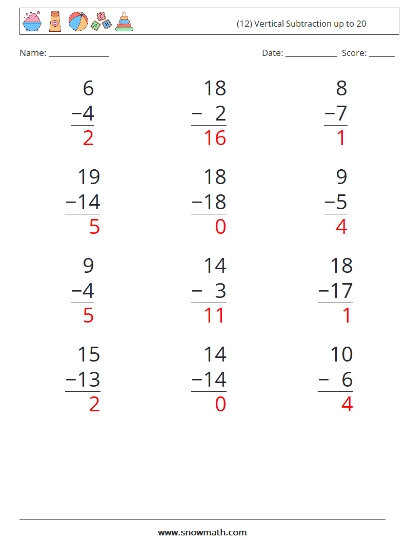 (12) Vertical Subtraction up to 20 Math Worksheets 14 Question, Answer