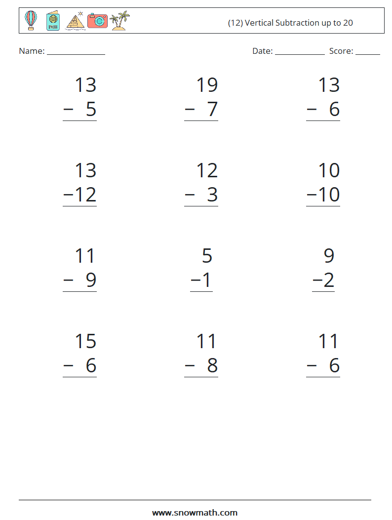 (12) Vertical Subtraction up to 20 Maths Worksheets 15