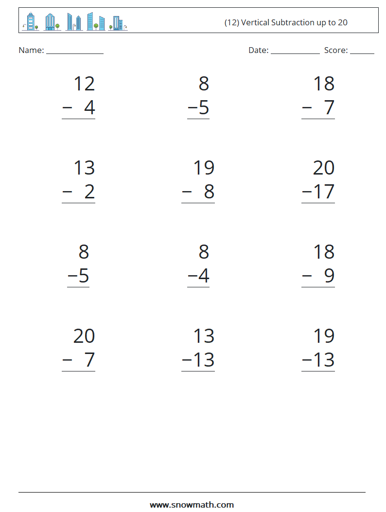 (12) Vertical Subtraction up to 20 Maths Worksheets 16