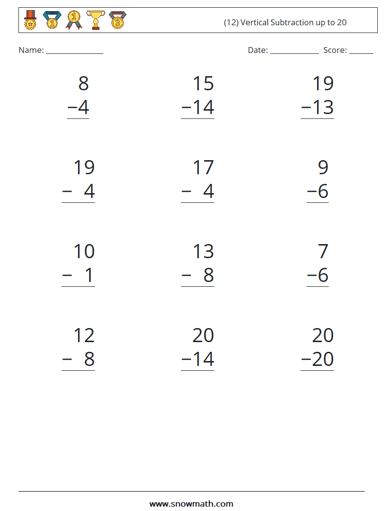 (12) Vertical Subtraction up to 20 Maths Worksheets 17
