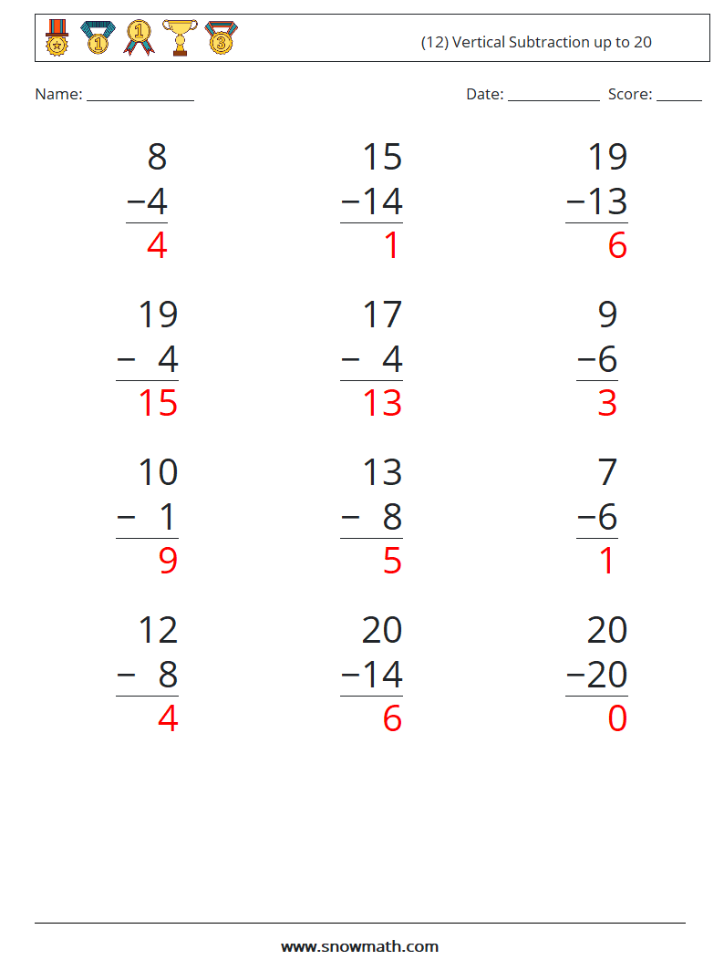 (12) Vertical Subtraction up to 20 Math Worksheets 17 Question, Answer