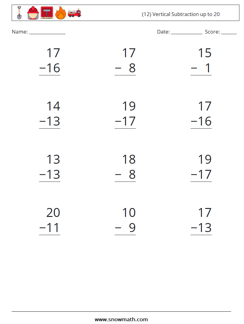 (12) Vertical Subtraction up to 20 Maths Worksheets 18