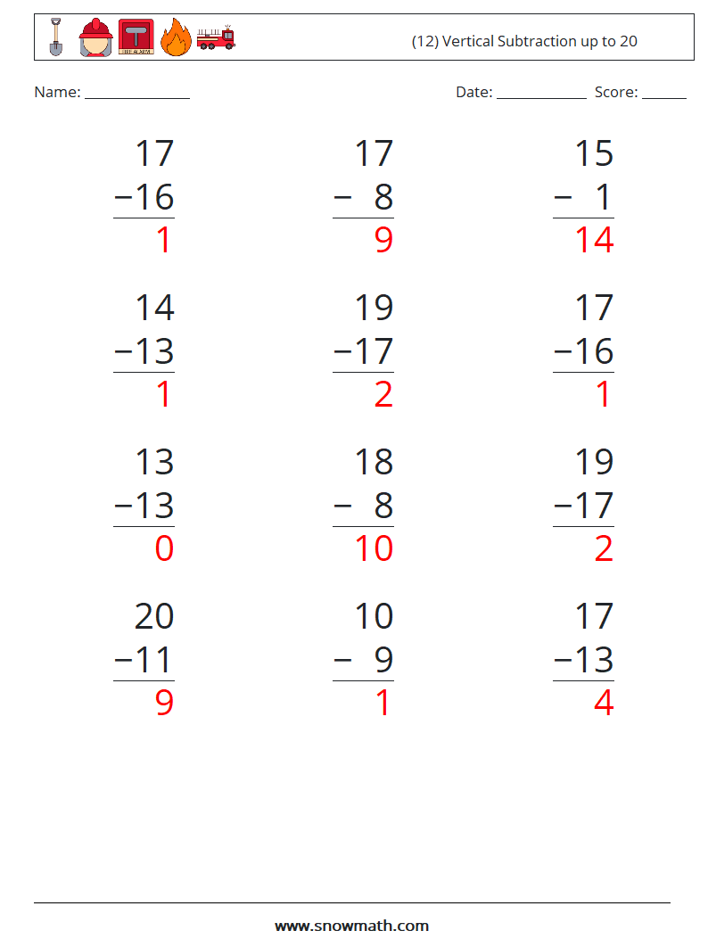 (12) Vertical Subtraction up to 20 Math Worksheets 18 Question, Answer