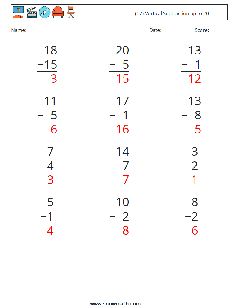 (12) Vertical Subtraction up to 20 Math Worksheets 2 Question, Answer