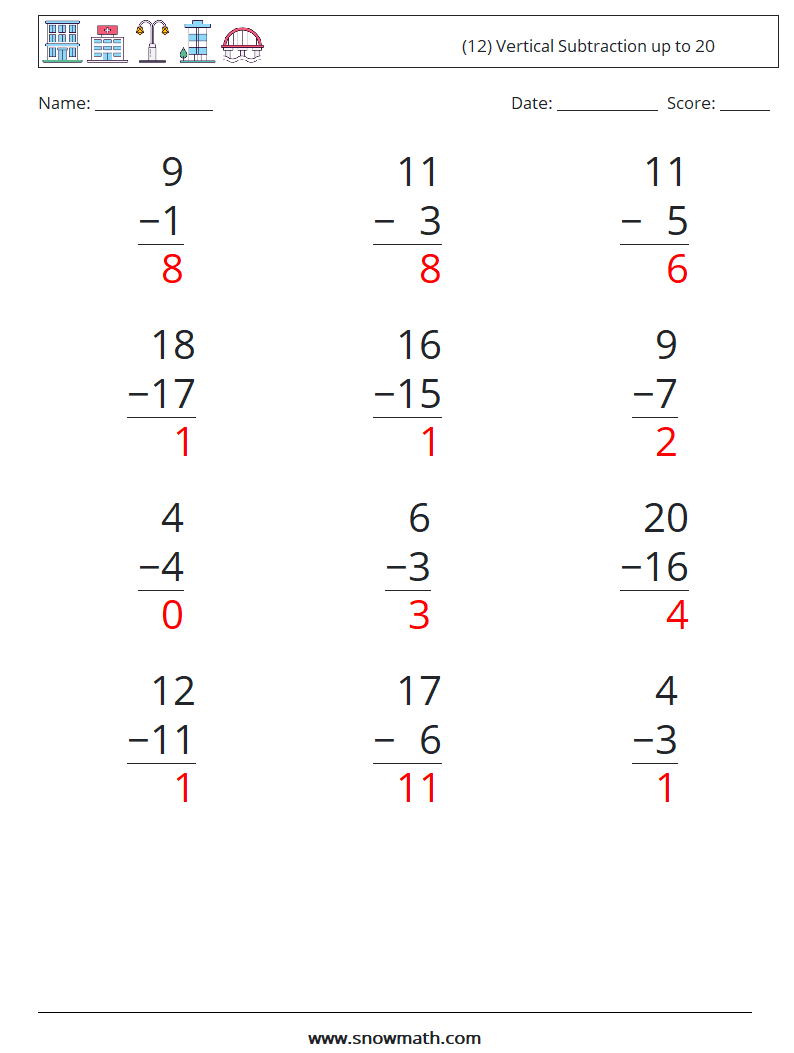 (12) Vertical Subtraction up to 20 Math Worksheets 3 Question, Answer
