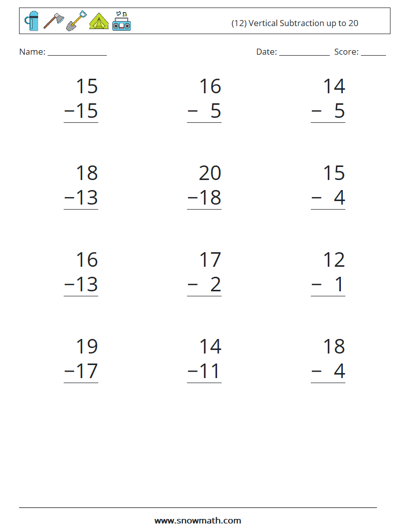 (12) Vertical Subtraction up to 20 Math Worksheets 4
