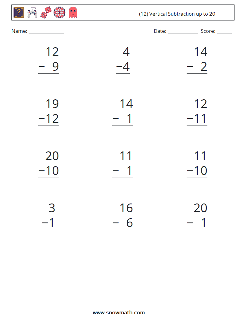 (12) Vertical Subtraction up to 20 Maths Worksheets 6