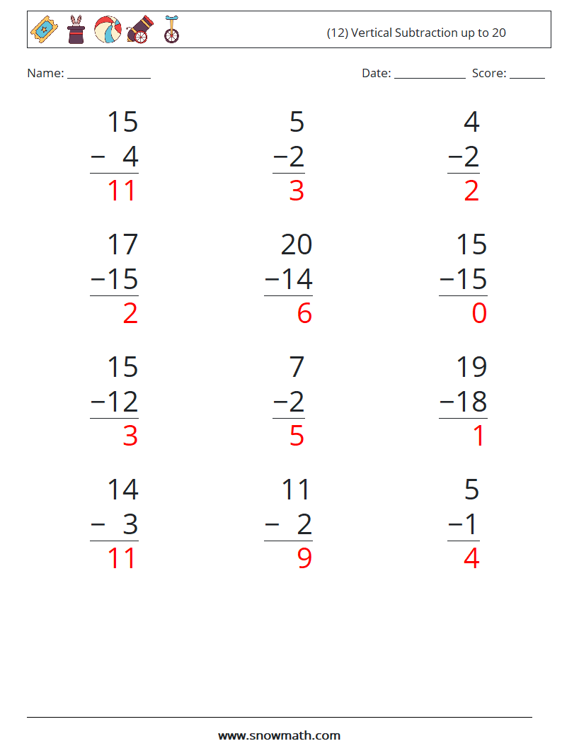(12) Vertical Subtraction up to 20 Math Worksheets 7 Question, Answer