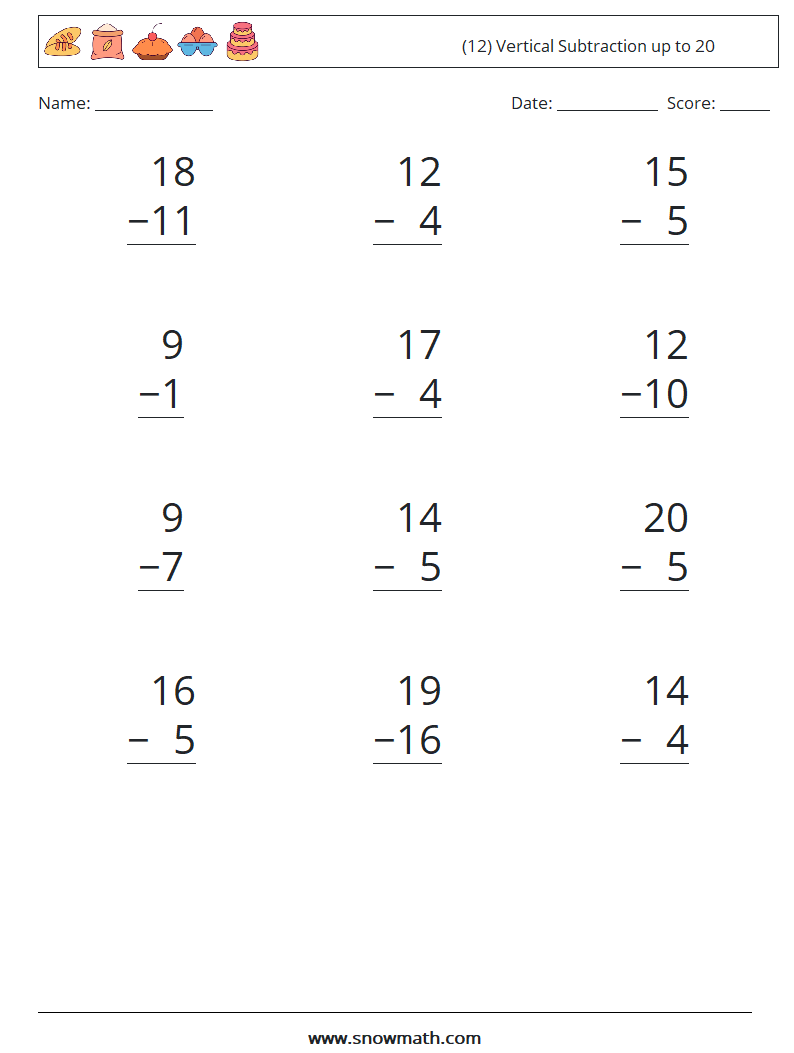 (12) Vertical Subtraction up to 20 Math Worksheets 8