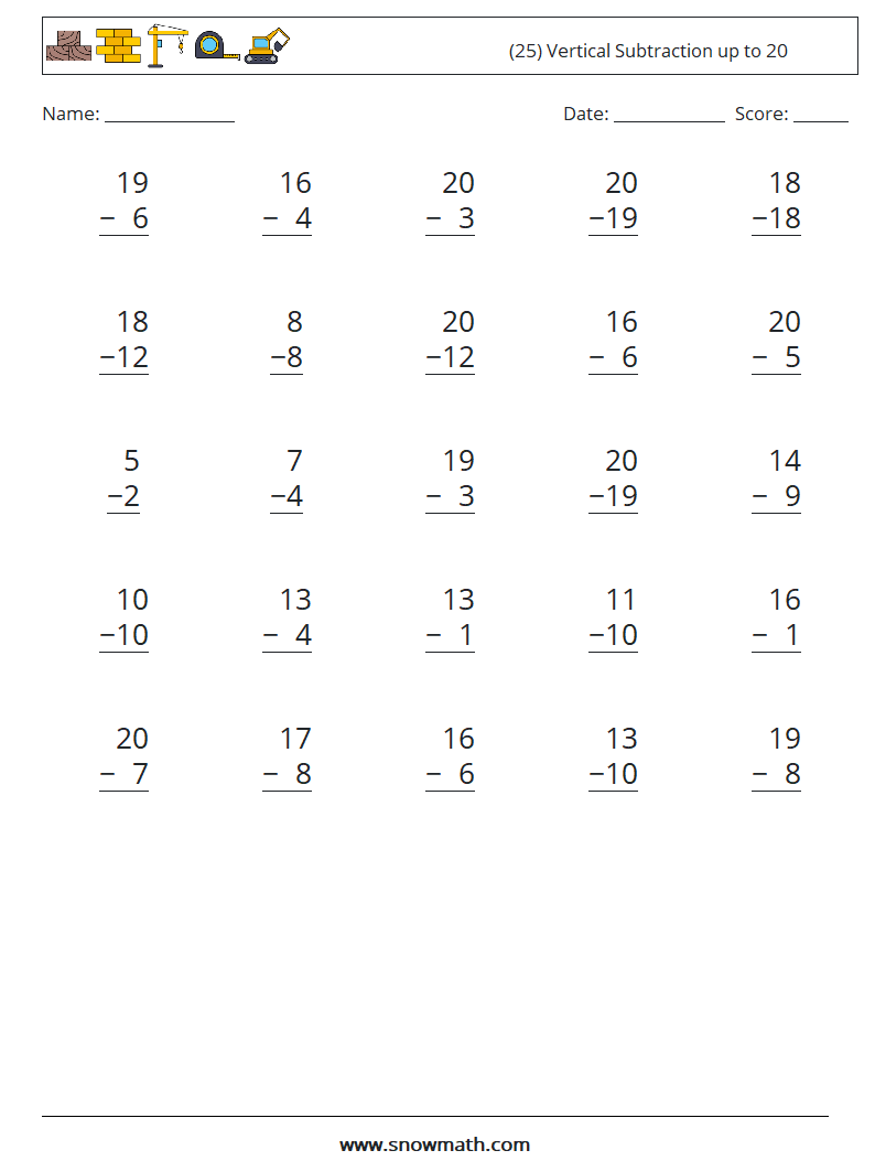 (25) Vertical Subtraction up to 20