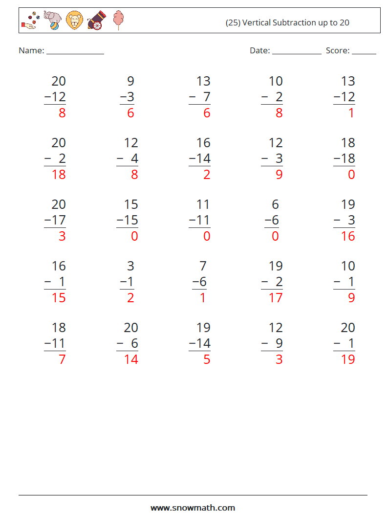 (25) Vertical Subtraction up to 20 Math Worksheets 15 Question, Answer
