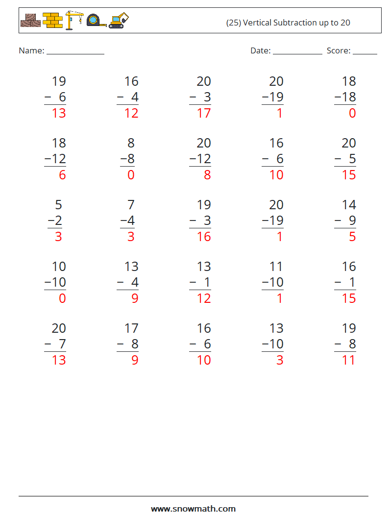 (25) Vertical Subtraction up to 20 Math Worksheets 1 Question, Answer
