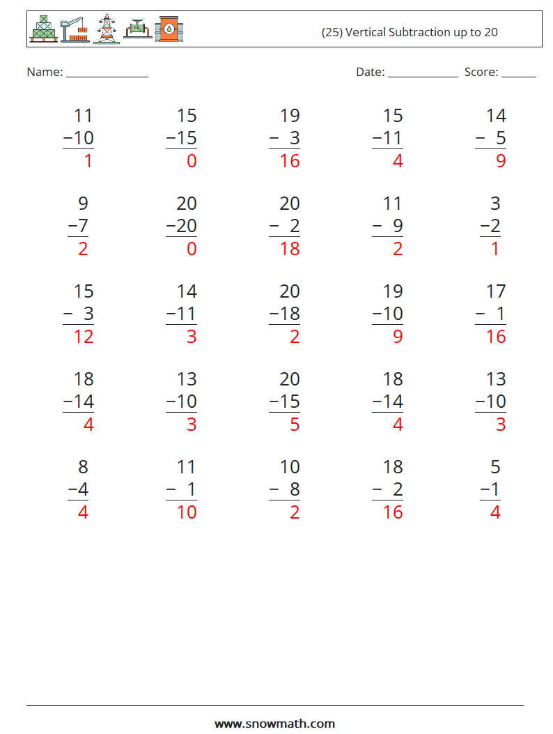 (25) Vertical Subtraction up to 20 Math Worksheets 6 Question, Answer