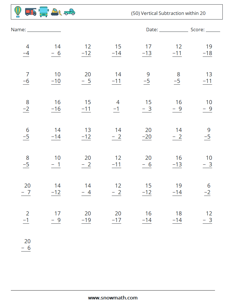 (50) Vertical Subtraction within 20