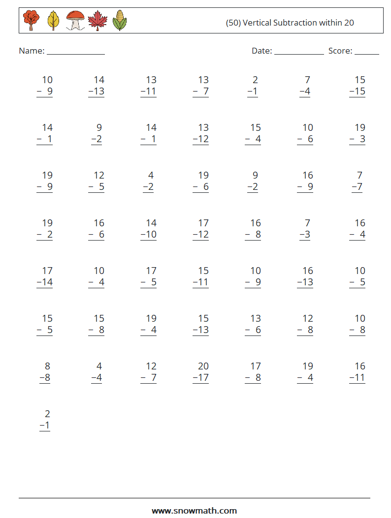 (50) Vertical Subtraction within 20 Maths Worksheets 2