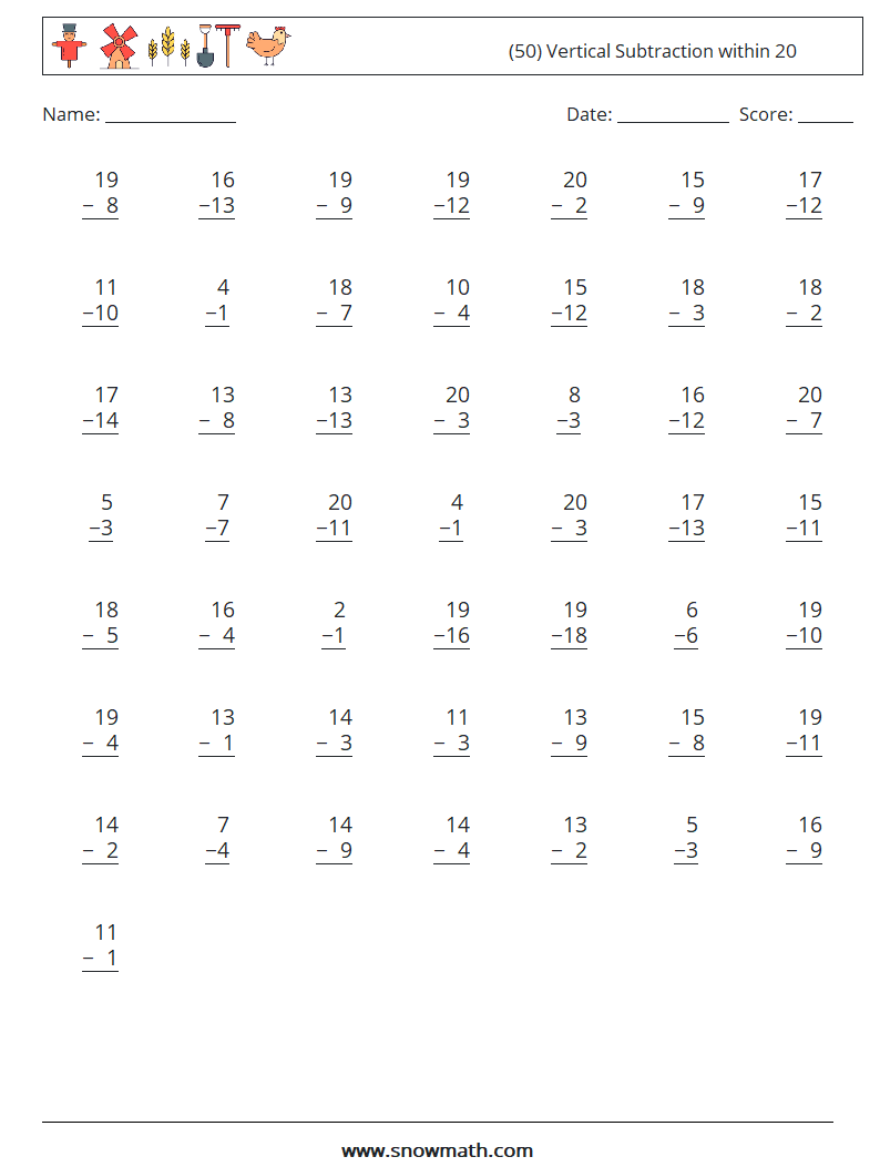 (50) Vertical Subtraction within 20 Maths Worksheets 4