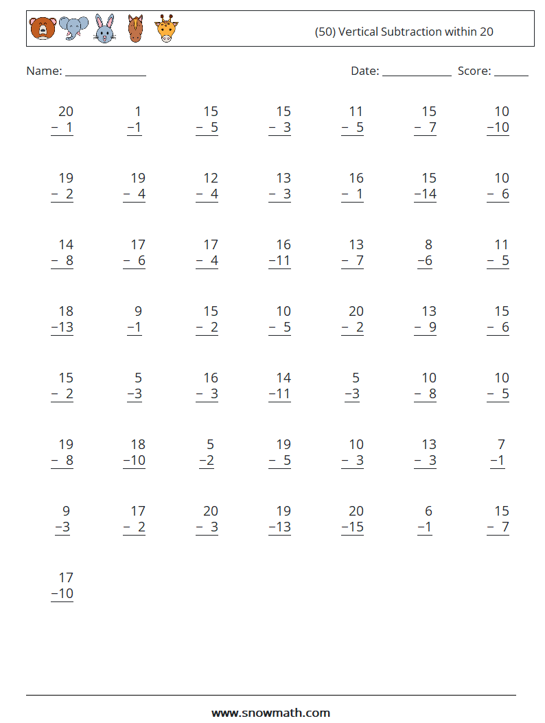 (50) Vertical Subtraction within 20 Maths Worksheets 5