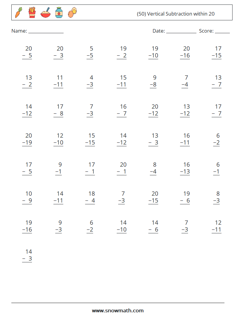 (50) Vertical Subtraction within 20 Math Worksheets 6