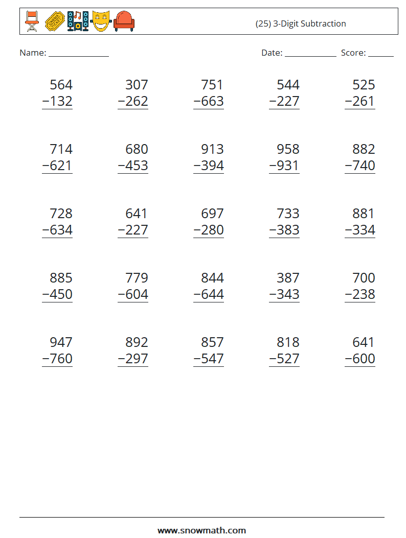 (25) 3-Digit Subtraction Math Worksheets 11