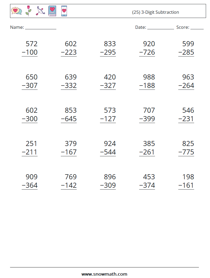 (25) 3-Digit Subtraction Math Worksheets 12