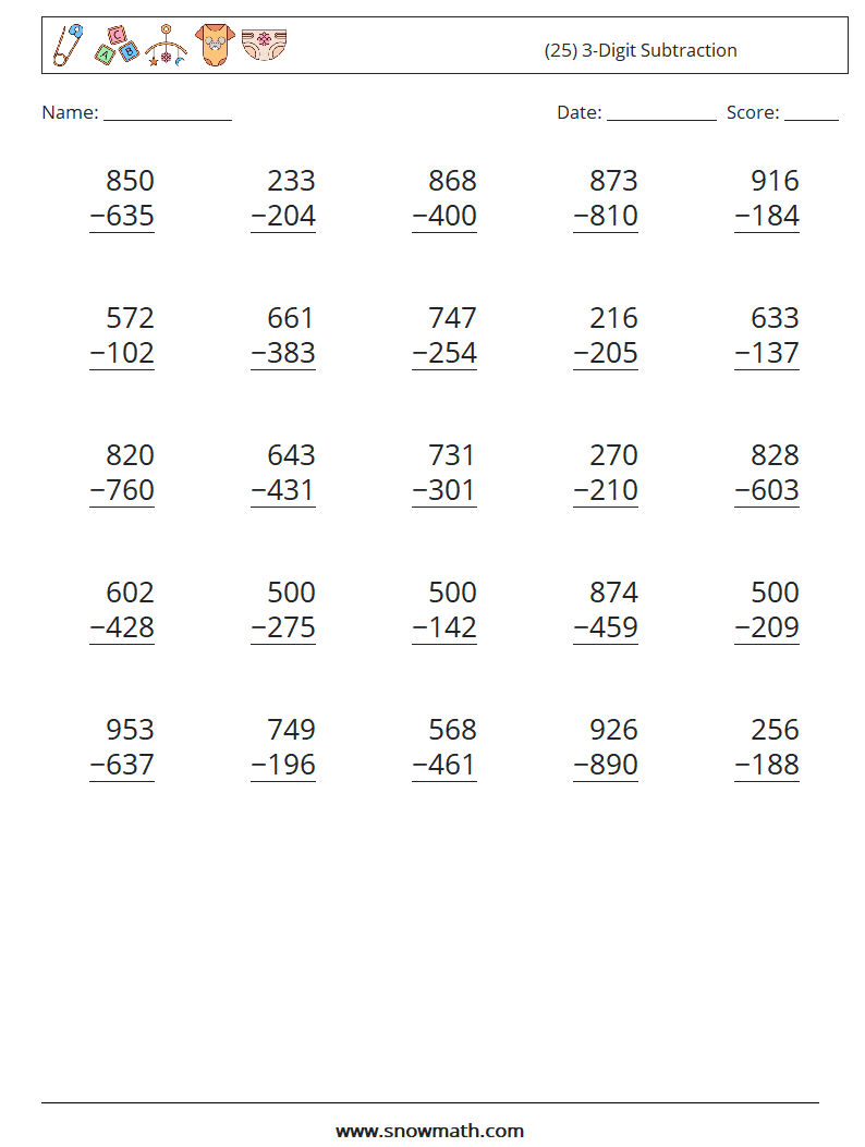 (25) 3-Digit Subtraction Math Worksheets 13
