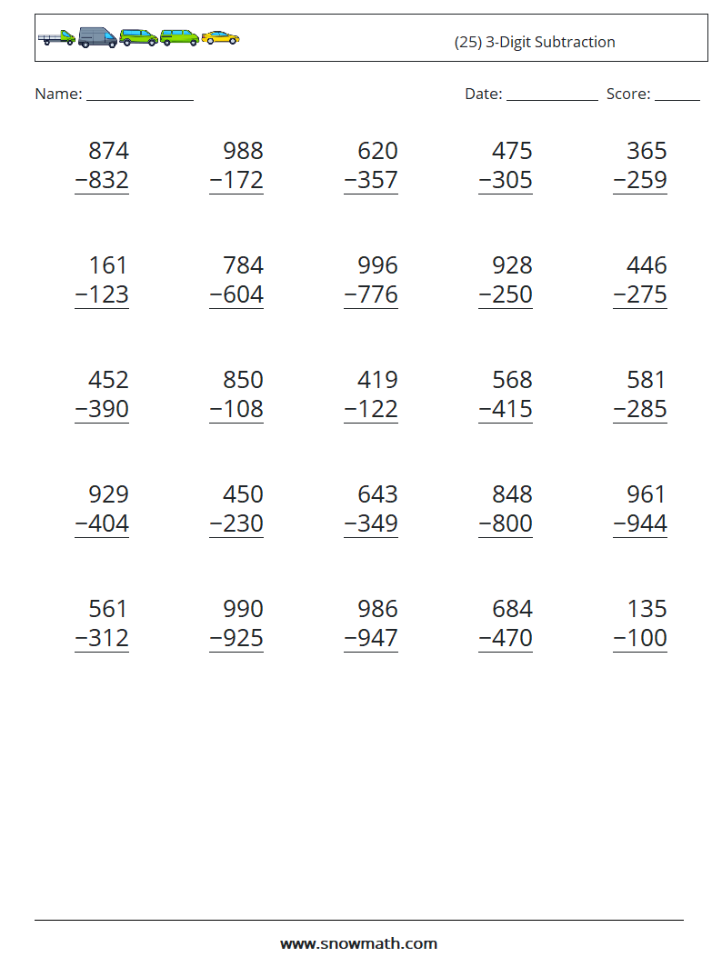 (25) 3-Digit Subtraction Maths Worksheets 14