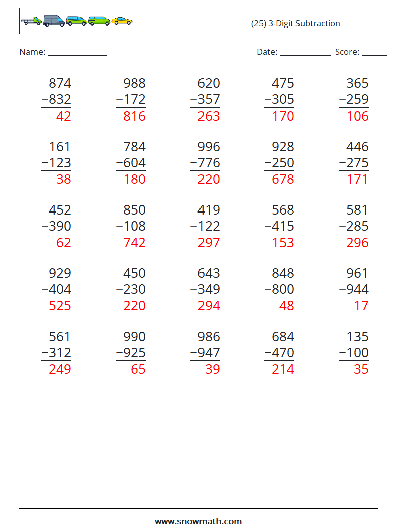 (25) 3-Digit Subtraction Math Worksheets 14 Question, Answer