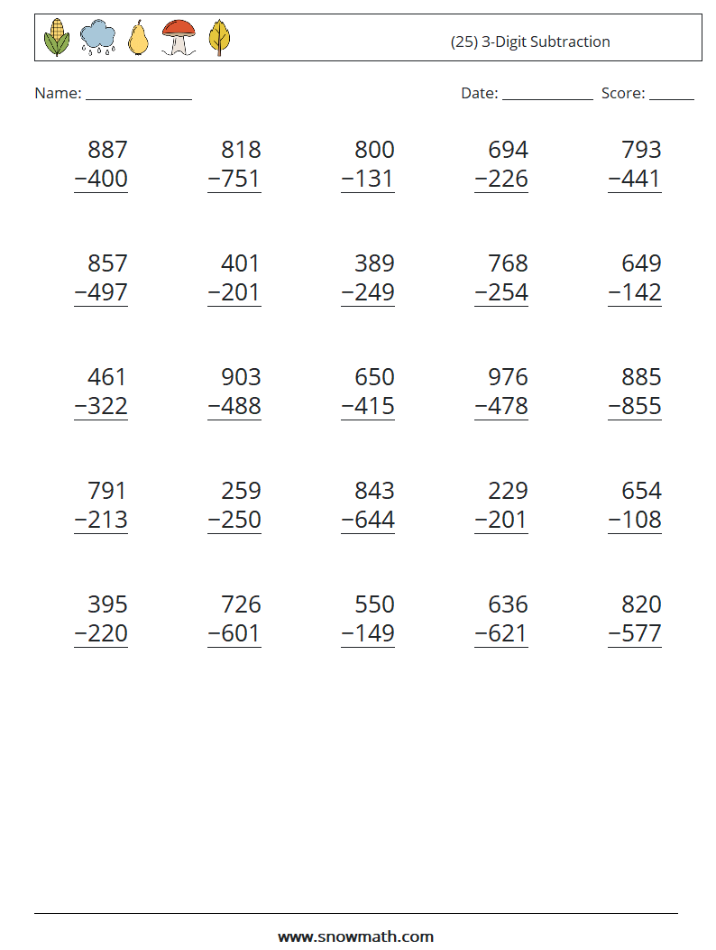 (25) 3-Digit Subtraction Math Worksheets 15