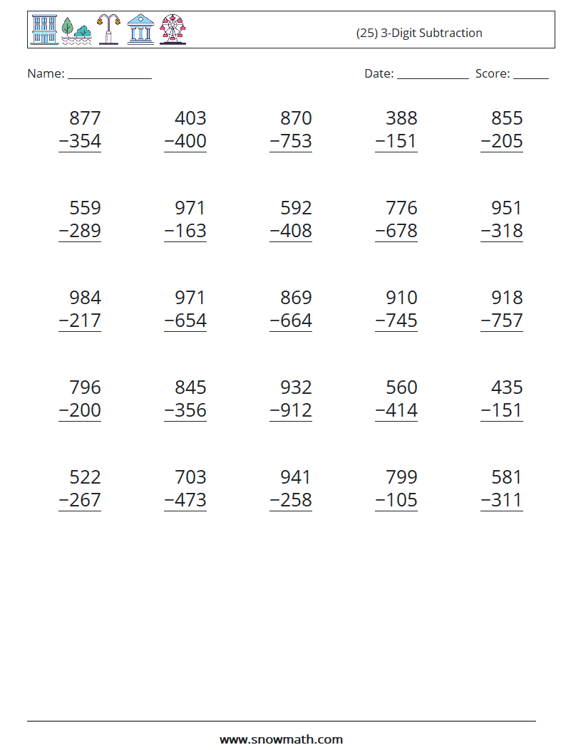 (25) 3-Digit Subtraction Math Worksheets 16