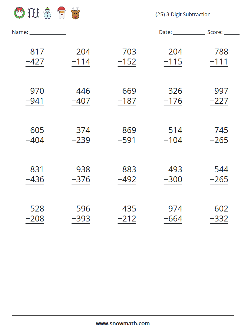 (25) 3-Digit Subtraction Math Worksheets 17