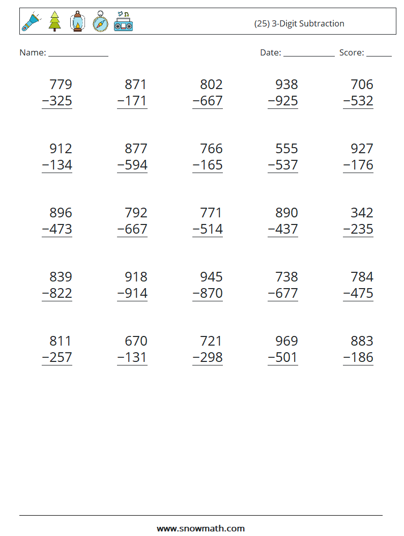 (25) 3-Digit Subtraction Math Worksheets 18