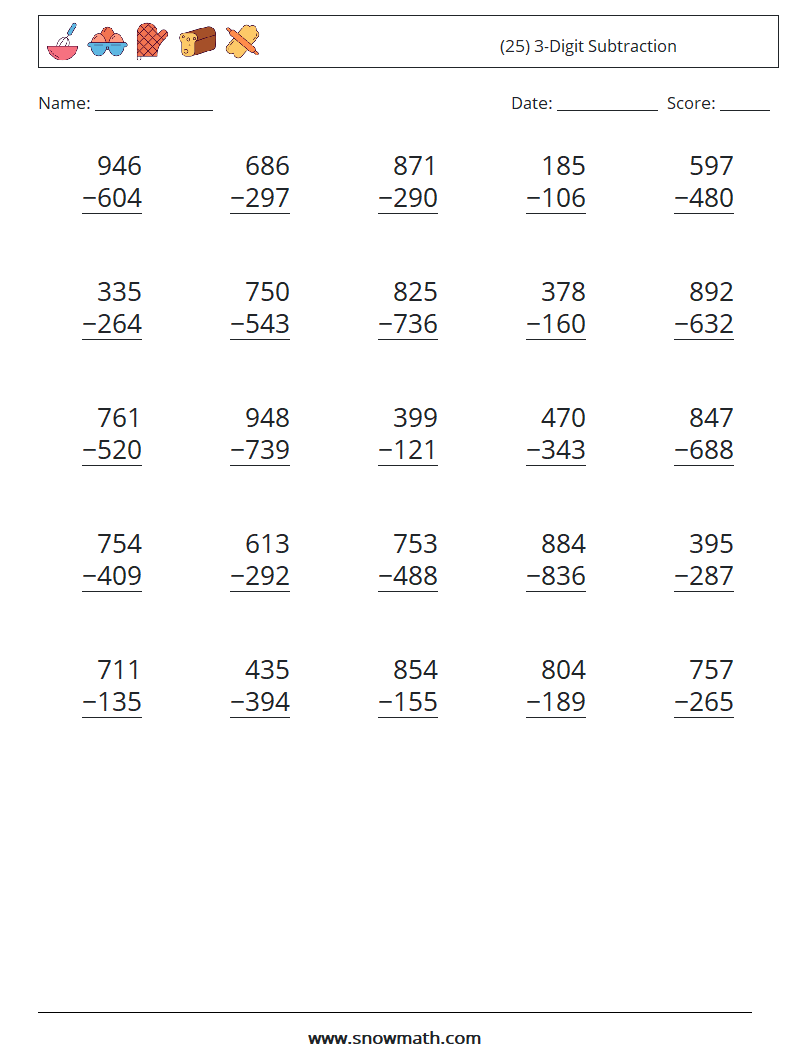 (25) 3-Digit Subtraction Math Worksheets 3