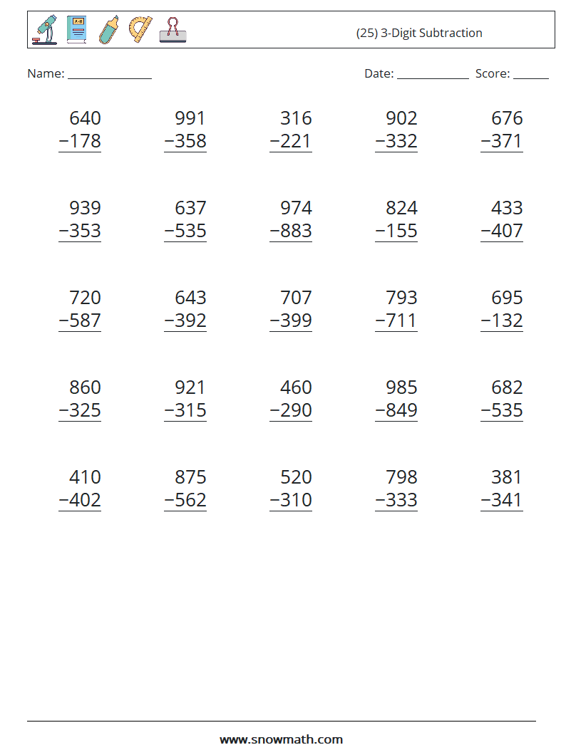 (25) 3-Digit Subtraction Math Worksheets 5