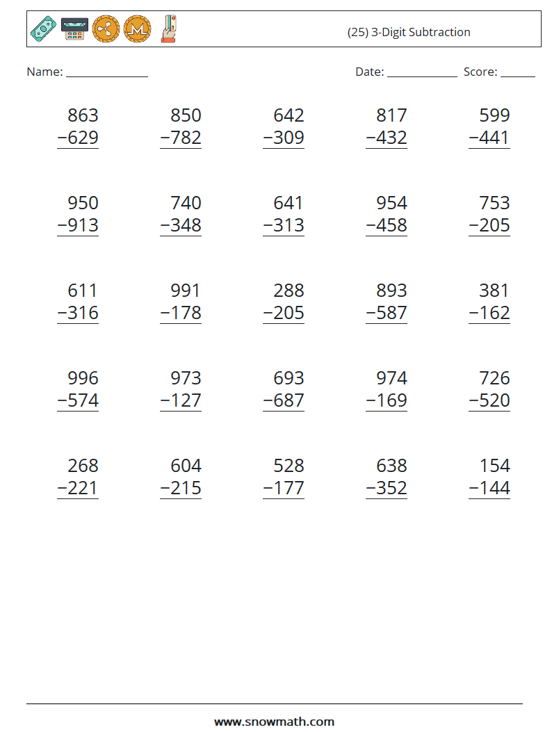 (25) 3-Digit Subtraction Maths Worksheets 7