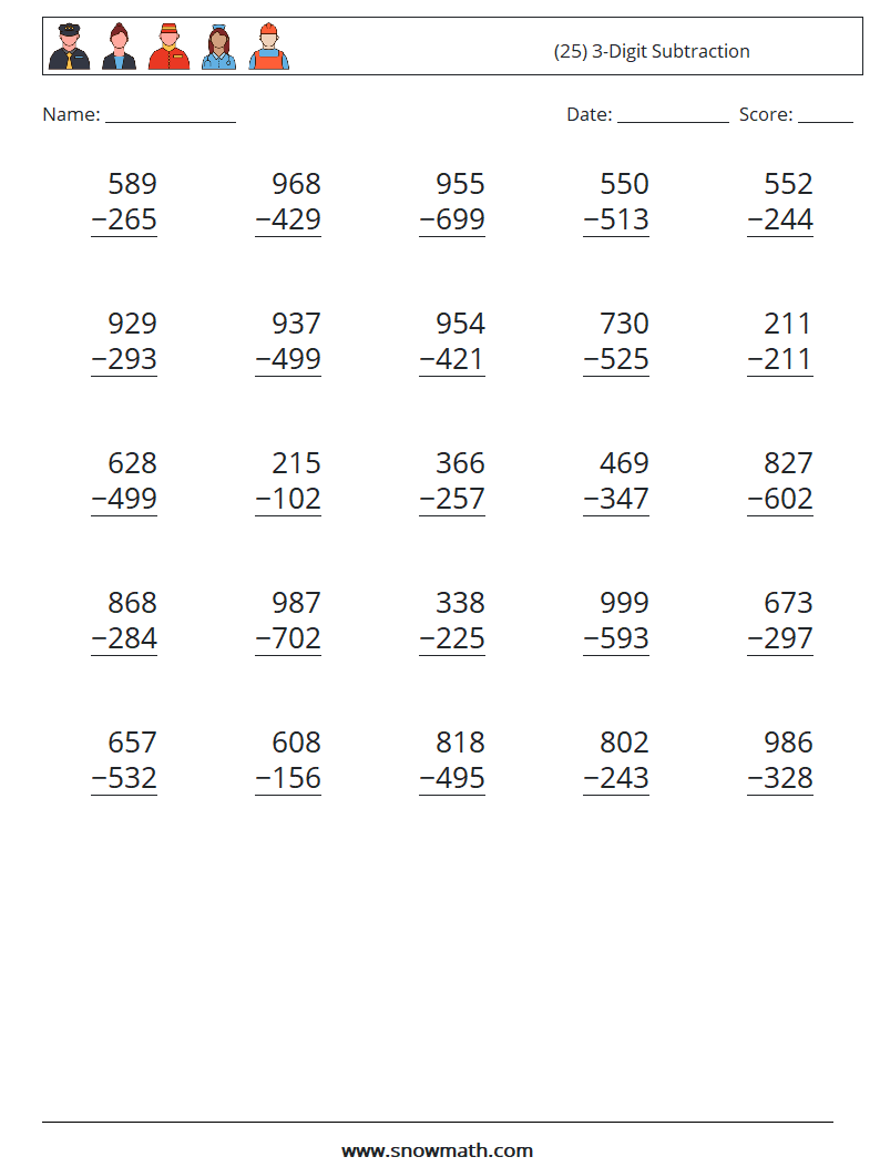 (25) 3-Digit Subtraction Math Worksheets 8