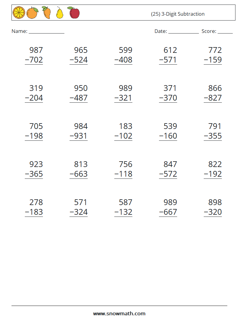 (25) 3-Digit Subtraction Maths Worksheets 9