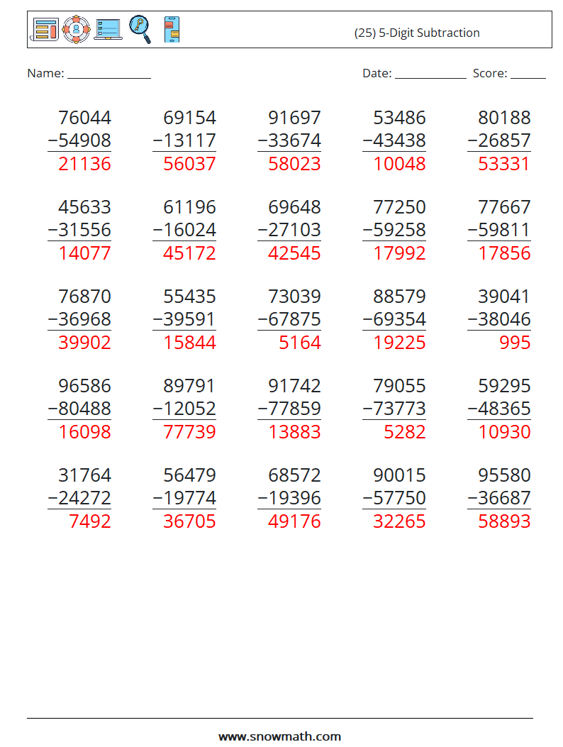 (25) 5-Digit Subtraction Math Worksheets 13 Question, Answer