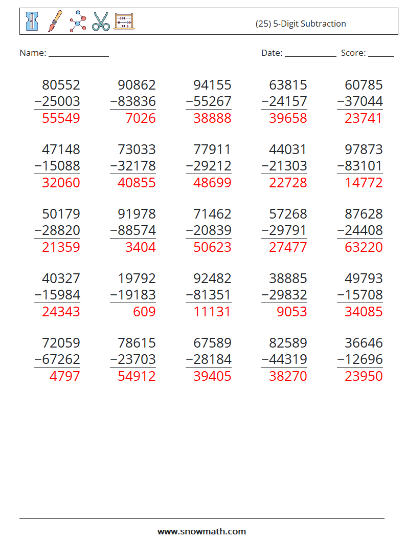 (25) 5-Digit Subtraction Math Worksheets 15 Question, Answer